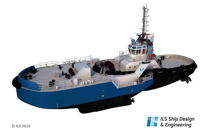 Tug equipped with icebreaker bow