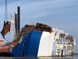 Golden Ray wreck on its side