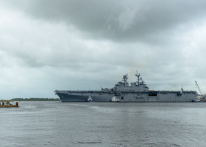 The Navy’s newest amphibious assault ship, USS Tripoli (LHA 7), departed from Ingalls Shipbuilding division last month, sailing to its homeport in San Diego. Tripoli enters the Pascagoula River channel passing guided missile destroyer Delbert D. Black (DDG 119), which has been delivered to the Navy by Ingalls, and will sail away later this year.