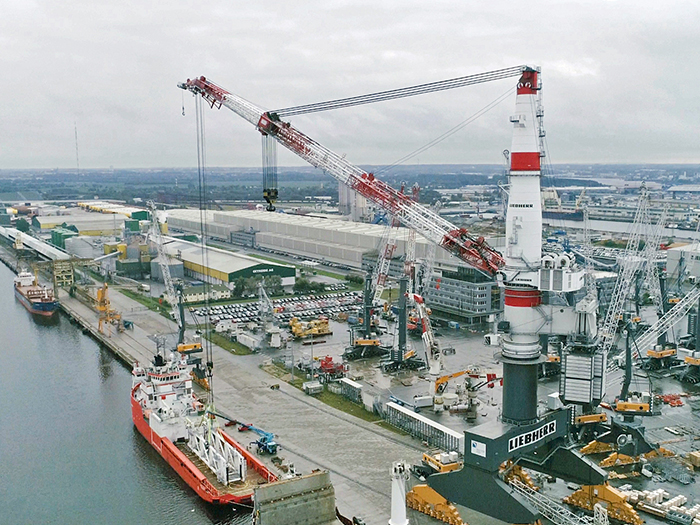 Liebherr durable crane lots offshore wind monopiles in Rostock