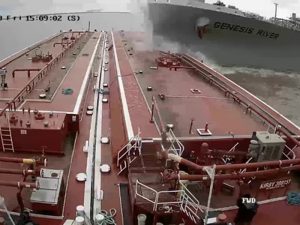 Screen capture from wheelhouse video shows tanker bow as it smashes into barge
