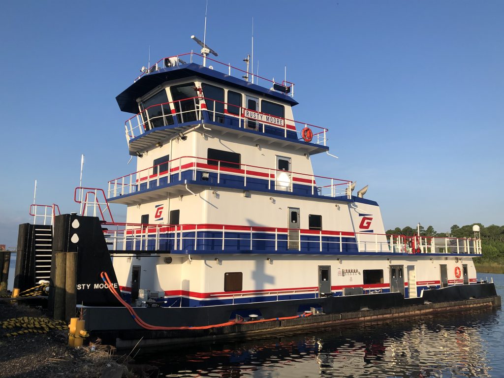 The MV Rusty Moore towboat dockside.