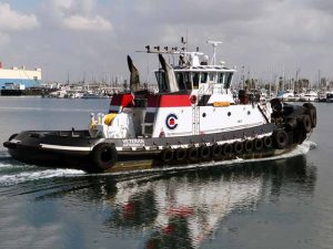 Red and white tugboat