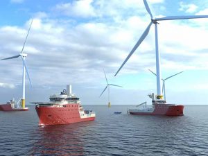 Three vessels near wind turbine