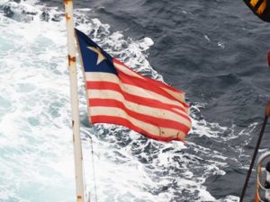 Liberian flag flying on ship