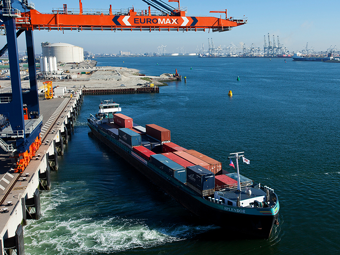 Containers on barge in Port of Rotterdam