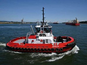 compact red tugboat