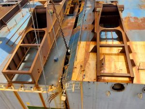 The cutting chain progresses along the pre-cut groove during operations to separate Section Three from the remaining Golden Ray wreck on Sunday. [