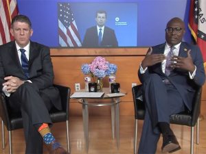 Bryan Day, executive director of the Little Rock Port Authority (L) and Little Rock Mayor Frank Scott, Jr. (R) were joined, virtually, by U.S. Secretary of Transportation Pete Buttigieg for panel discussion.