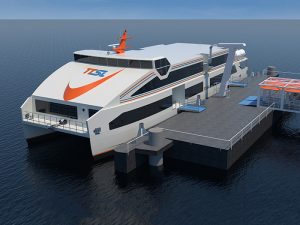 Charging system is centrally located on the vessels, allowing charging on both port and starboard from towers located on the terminal’s floating pontoons.