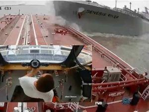 Tanker about to collide with barge