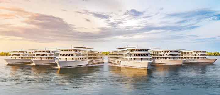 Panoramic view of modern riverboat fleet of six modern riverboats