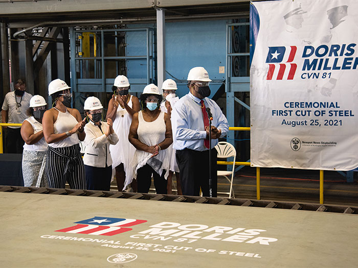 Members of Doris Miller’s family attend the ceremonial first cut of steel for the aircraft carrier Doris Miller (CVN 81) at Newport News Shipbuilding division,