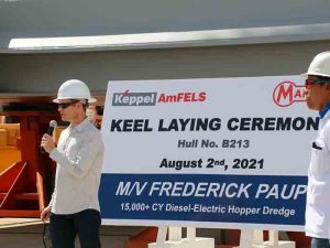 Manson Chairman of the Board and Executive Vice President, Fred Paup, speaks at ceremony marking the laying of the keel of his namesake vessel.