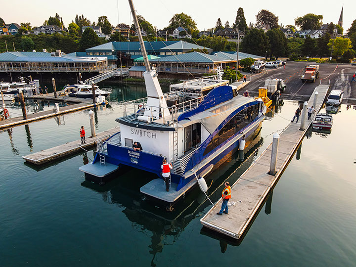 Hydrogen fuel cell ferry seen from aft prior to launch