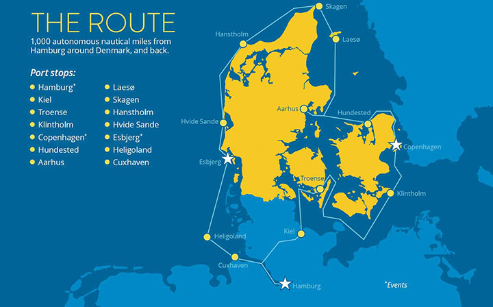 Map shows 1,000 mile route arpund Denmark to be taken by autono,ous tugboat.