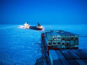 Icebreaker clears path for Nornickel cargo carrier along Norther Sea Route. [Image: Nornickel]