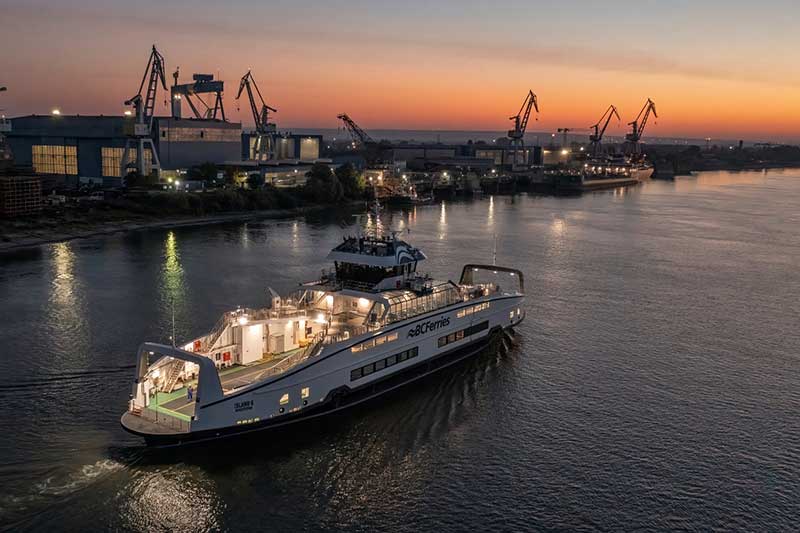 battery hybrid ferry at dawn