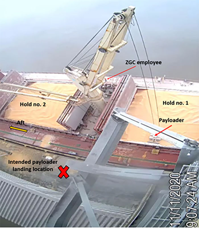 CCTV still image of the GH Storm Cat’s crane during the initial sequence of the accident list—lifting the payloader out of ship’s no. 1 cargo hold.