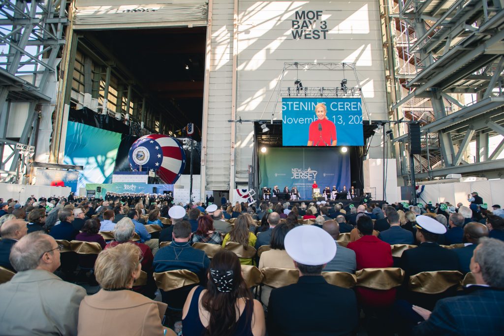 Approximately 1,800 guests celebrated the christening of New Jersey (SSN 796) at Newport News Shipbuilding.
