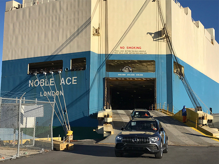 Mercedes-Benz rolls off car carrier at Port of Baltimore