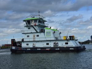 The M/V Samantha Trueheart towboat on the water
