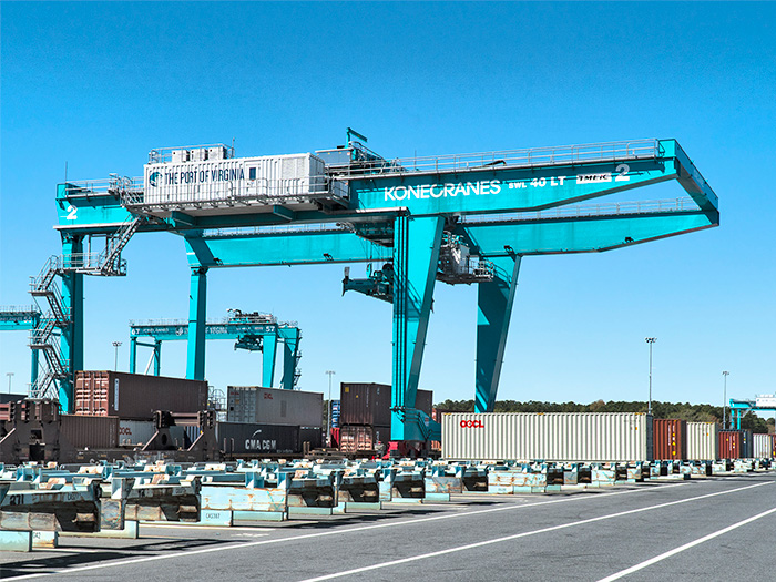 Remotely operated cantilever Konecranes RMGs working at the Port of Virginia, Virginia International Gateway (VIG) terminal.