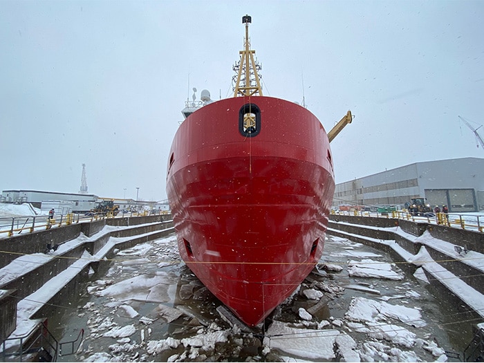 Icebreaker in dry dock at shipyard