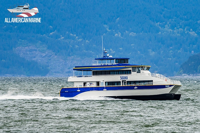 All American Marine catamaran on the water