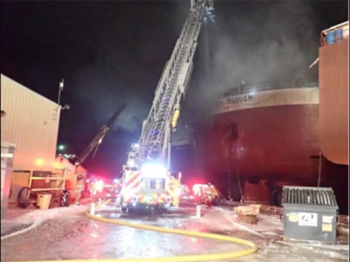 View of ship suffering fire investigated by NTSB