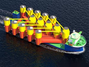Rendering of five Bassoe D-Floater foundations being transported.