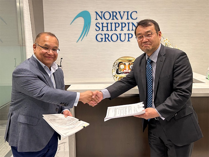 AJ Rahman, CEO and founder Norvic Shipping and Jiro Nishikawa, company president, Fujimaru Kaiun