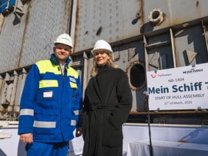 Meyer Turku CEO Tim Meyer and TUI Cruises CEO Wybcke Meier celebrate keel laying of Mein Schiff 7