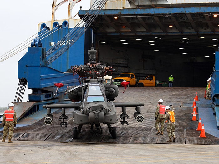 Helicopter being loaded onto American Roll-On Roll-Off Carrier's ARC Endurance at JAXPORT