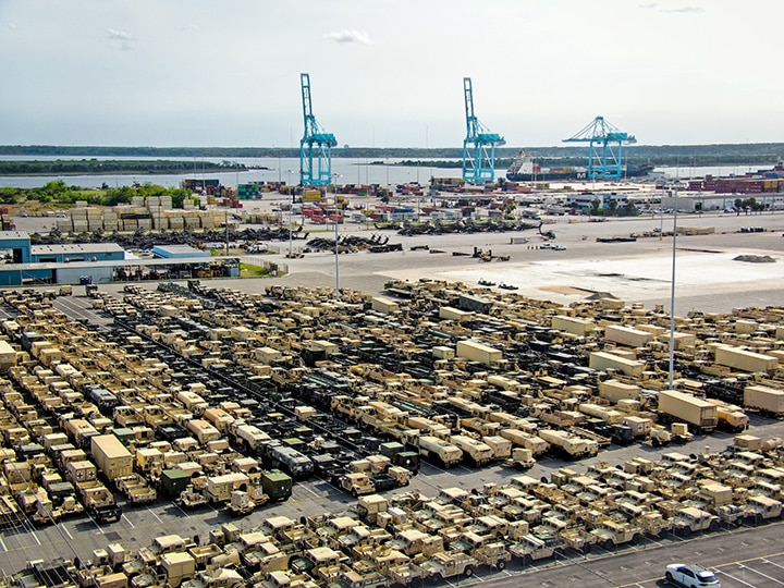 Military equipment positioned for loading at JAXPORT