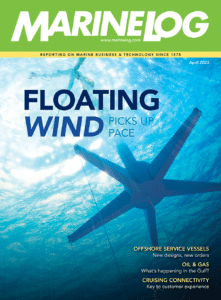April 2023 cover of Marine Log featuring floating wind turbine