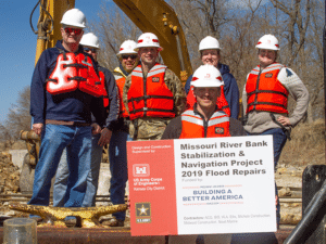 USACE staff and contractors pose for a photo during a navigation and inspection on the Missouri River near Atchison, Kan., on April 5.