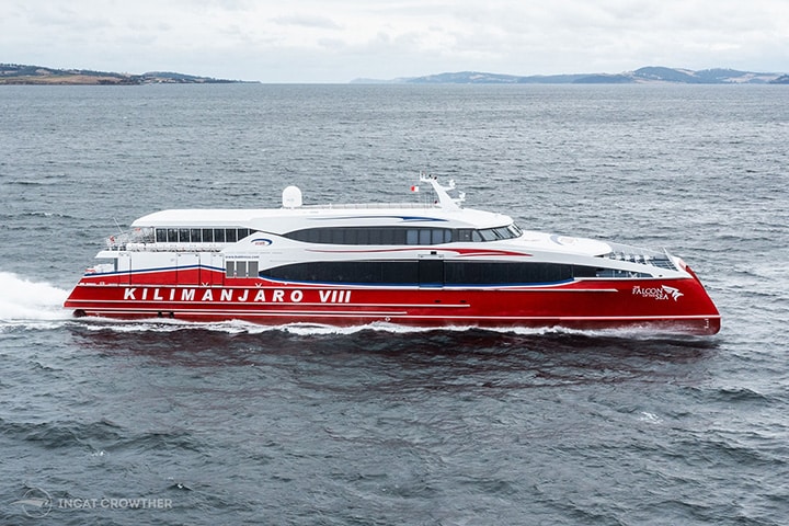 New Azam Marine ferry's long sleek lines are accentuated by reverse-bow hll configuration