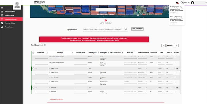 Machinery maintenance data received at BV