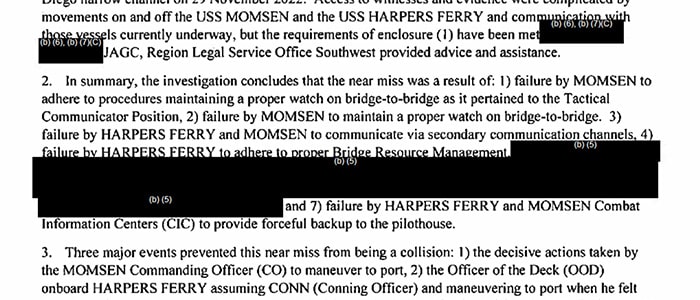 Redacted version of warship near-miss report