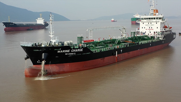 electric-hybrid bunker tanker on the water