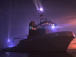 Rendering of marine spaceport vessel at night