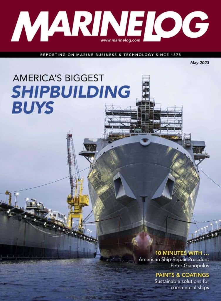 May 2023 Marine Log cover featuring government shipbuilding