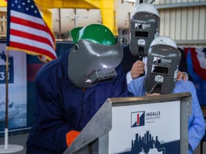 Welder at USS Pittsburgh (LPD 31) keel laying ceremony