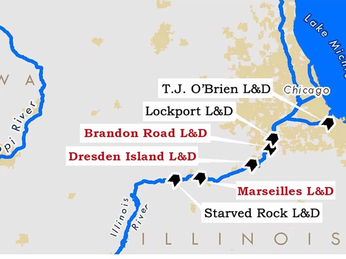 Map showing Illinois Waterway lock closures