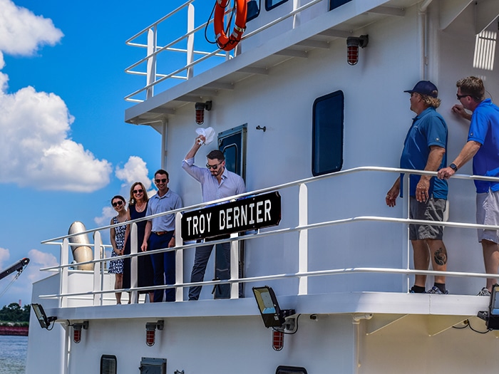 M/V Troy Bernier was christened with a traditional bottle break