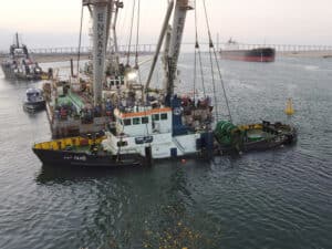 Sunken tugboat after being raised