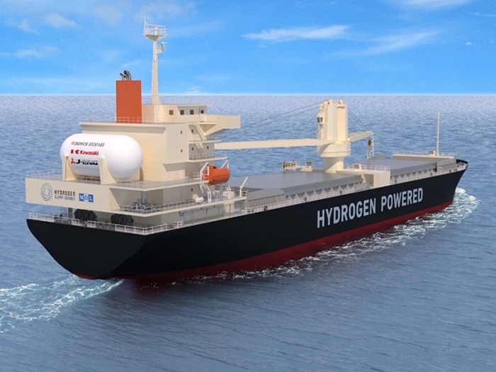 Ship powered by hydrogen-fueled two stroke engine