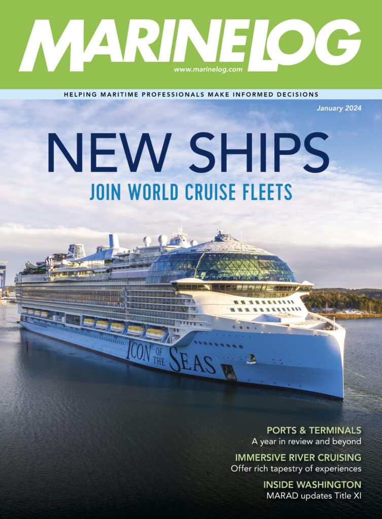 January 2024 Marine Log magazine focuses on river cruises, cruise ships, ports and more.