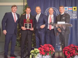 2023 River Bell Award pictured from left to right: Damon Judd, President and CEO of Marquette Transportation Company; 2023 River Bell Award recipient Darin Adrian, President, River Division, Marquette Transportation Company; John Eckstein, Executive Chairman, Marquette Transportation Company; Merritt Lane, President and CEO, Canal Barge; and the Rev. Mark Nestlehutt, President and Executive Director, The Seamen’s Church Institute.